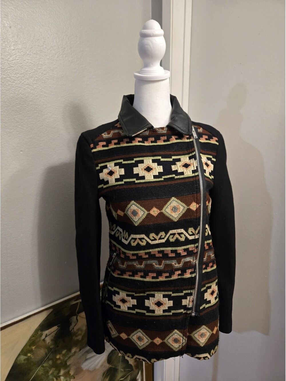 Zara Womens Size Small Knit Aztec Western Tribal Moto Leather Jacket Oversized - Picture 5 of 8
